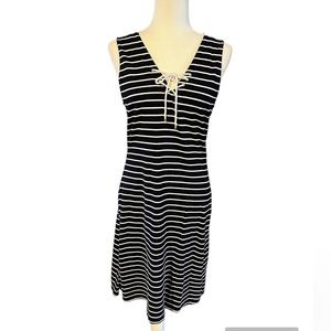 Lauren Ralph Lauren Women’s Navy and White Stripe Lace Up Front Dress Si…